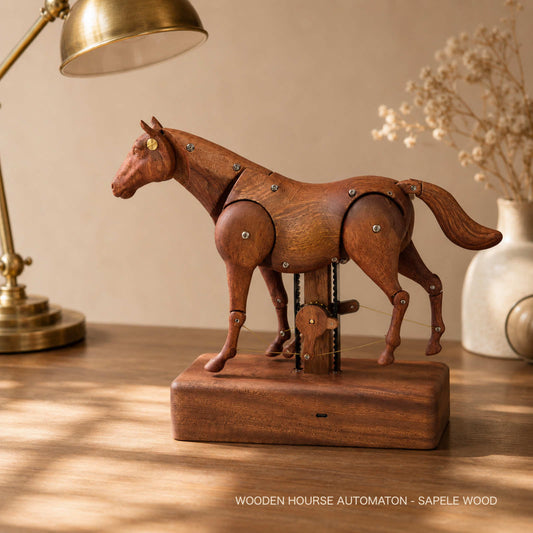 Dark wooden horse automaton on a desk beside a brass lamp