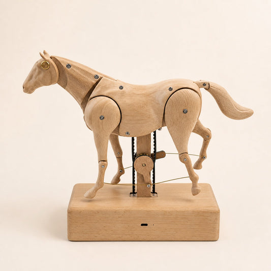 Light wooden horse automaton in side profile on its wooden base