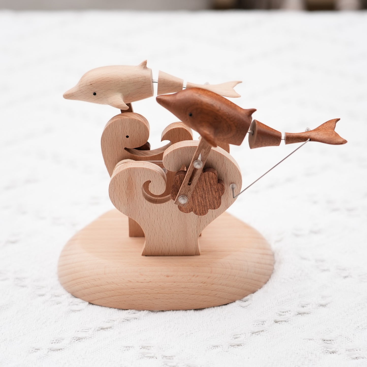 Handcrafted Wooden Dolphin Automaton | Kinetic Ocean Art for Desk Decor