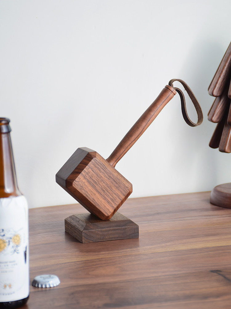 Handcrafted Wooden Thor’s Hammer Magnetic Bottle Opener & Desk Sculpture
