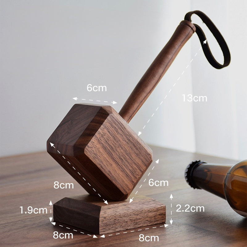 Handcrafted Wooden Thor’s Hammer Magnetic Bottle Opener & Desk Sculpture