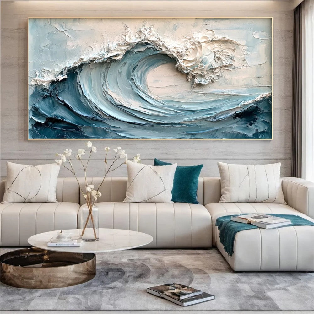 3D Frame Ocean Wave Oil Painting On Canvas Abstract Nature Blue Sea Wave Scenery Textured Wall Art Large Original Wall Art Living Room Decor