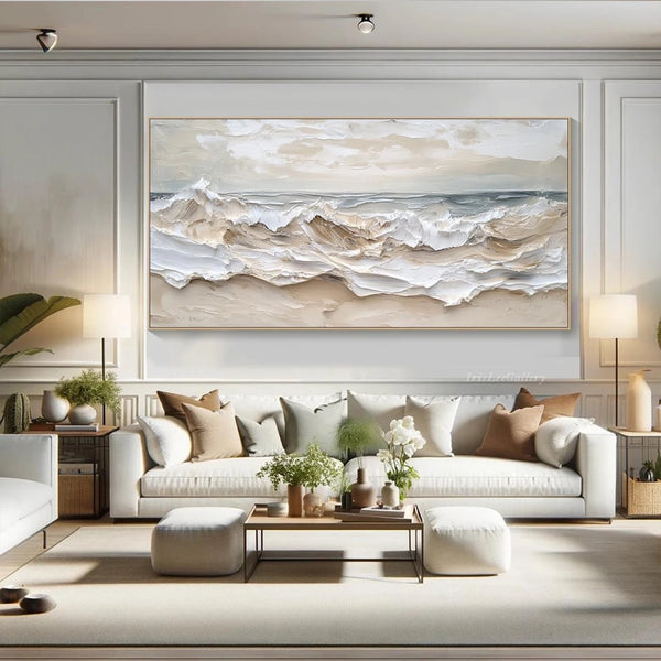 Large 3D Textured Ocean Wall Art Original Plaster Style Beach Painting on Canvas Earth Tone Wave Decor Unique Wabi-sabi Living Room Wall Art