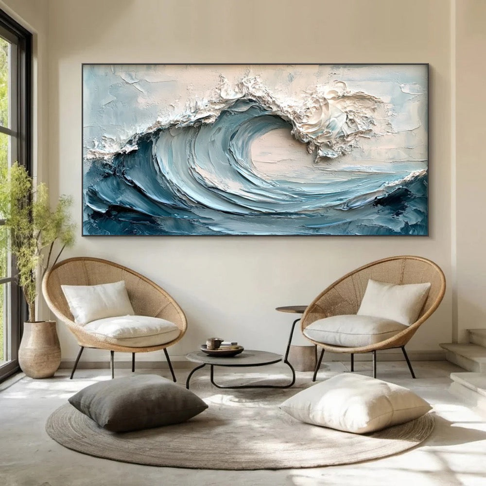 3D Frame Ocean Wave Oil Painting On Canvas Abstract Nature Blue Sea Wave Scenery Textured Wall Art Large Original Wall Art Living Room Decor