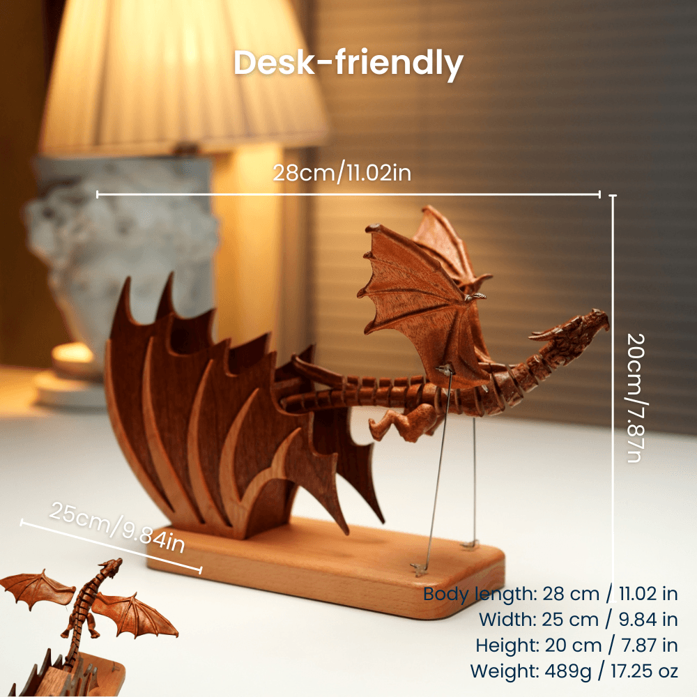 Wooden dragon dimensions: 28 × 25 × 20 cm; approximate weight 489 g