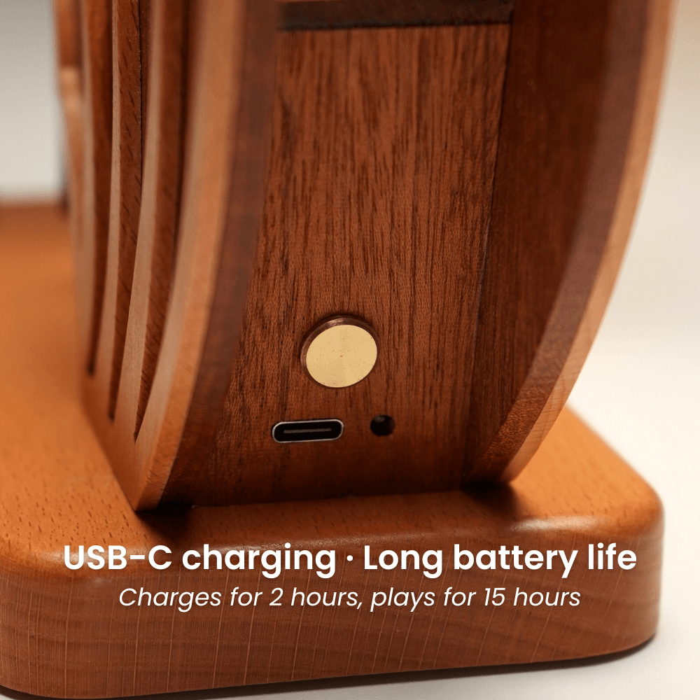 USB-C charging port and power button at the rear of the wooden dragon base